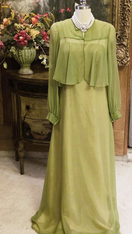 RARE 1940s CAROL GOWNS BY MR. WALTER EVENING GOWN & JACKET SET - NEW OLD STOCK - AVOCADO CREPE OVER GOLD TAFFETA - SIZE 14 VINTAGE - CHICAGO DESIGNER