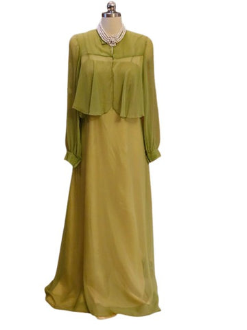 RARE 1940s CAROL GOWNS BY MR. WALTER EVENING GOWN & JACKET SET - NEW OLD STOCK - AVOCADO CREPE OVER GOLD TAFFETA - SIZE 14 VINTAGE - CHICAGO DESIGNER