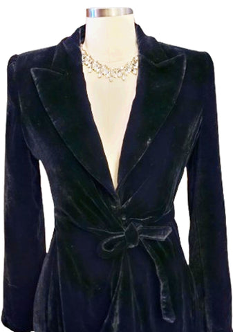 EMPORIO GIORGIO ARMANI BLACK VELVET DRAPED COAT WITH TIE - DIAGONAL FLAP DETAIL FRONT