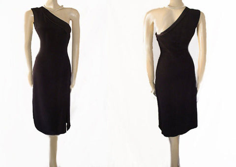 ARMANI COLLEZIONI ITALY BLACK SILK GODDESS DRESS - ONE SHOULDER COCKTAIL EVENING GOWN SIZE 6
