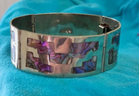 VINTAGE ABALONE INLAY BRACELET MEXICO • 4 PANEL LINKS • OCEAN COLORS • SILVER TONE