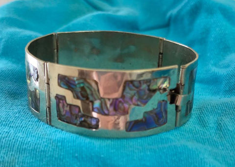 VINTAGE ABALONE INLAY BRACELET MEXICO • 4 PANEL LINKS • OCEAN COLORS • SILVER TONE
