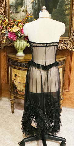 VINTAGE ANDREA KRISTOFF ESCANTE SHEER BLACK LACE RUFFLE STRAPLESS NIGHTGOWN ROSETTES