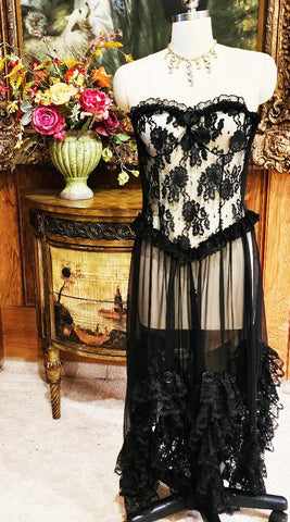 VINTAGE ANDREA KRISTOFF ESCANTE SHEER BLACK LACE RUFFLE STRAPLESS NIGHTGOWN ROSETTES