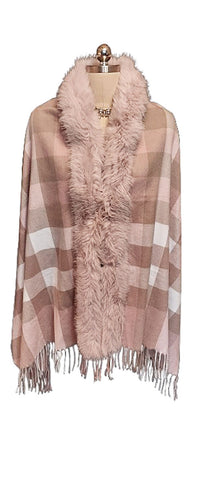 NEW WITH TAG SAKS 5TH AVENUE BELLE FAIR PINK PLAID CASHMERE BLEND FAUX FUR WRAP RUANA STOLE