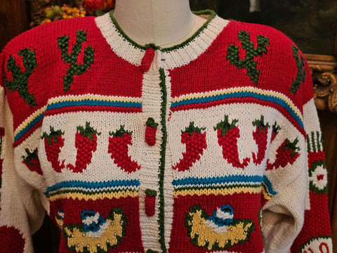 VINTAGE BELLE POINTE CHILI PEPPER CARDIGAN RAMIE COTTON HOT SAUCE FIESTA SWEATER MEXICAN THEME SIZE MEDIUM / LARGE HONG KONG
