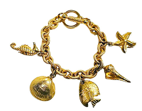 VINTAGE BEN-AMUN GOLD TONE SEASHELL BEACH CHARM BRACELET