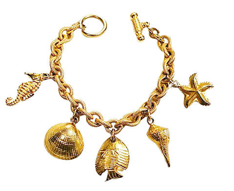 VINTAGE BEN-AMUN GOLD TONE SEASHELL BEACH CHARM BRACELET