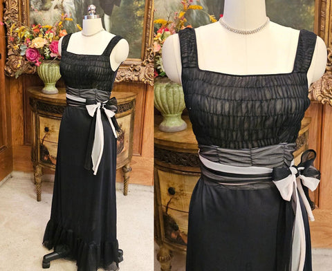 VINTAGE BLACK SQUARE RUCHED NECKLINE WITH  PALE PINK AND BLACK CUMMERBUND