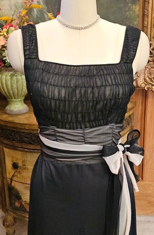 VINTAGE BLACK SQUARE RUCHED NECKLINE WITH  PALE PINK AND BLACK CUMMERBUND