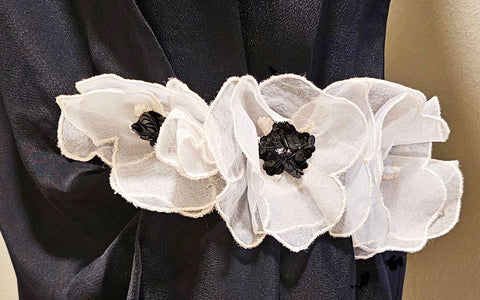 * VINTAGE '60S \ '70s BLACK CREPE DRESS WITH EMBROIDERED ORGANZA & SEQUIN FLOWERS AND V NECK BACK