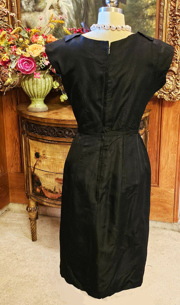 VINTAGE BLACK SHEATH PLEATED BODICE DRESS METAL ZIPPER 2 BUTTONS IN FR Vintage Clothing & Fashions | Midnight Glamour VINTAGE BLACK SHEATH PLEATED BODICE DRESS METAL ZIPPER 2 BUTTONS IN FR Vintage Clothing & Fashions | Midnight Glamour