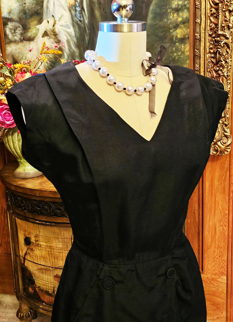 VINTAGE BLACK SHEATH PLEATED BODICE DRESS METAL ZIPPER 2 BUTTONS IN FR Vintage Clothing & Fashions | Midnight Glamour VINTAGE BLACK SHEATH PLEATED BODICE DRESS METAL ZIPPER 2 BUTTONS IN FR Vintage Clothing & Fashions | Midnight Glamour