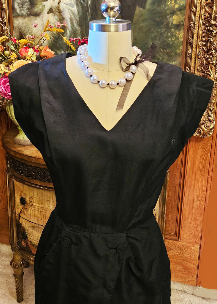 VINTAGE BLACK SHEATH PLEATED BODICE DRESS METAL ZIPPER 2 BUTTONS IN FR Vintage Clothing & Fashions | Midnight Glamour VINTAGE BLACK SHEATH PLEATED BODICE DRESS METAL ZIPPER 2 BUTTONS IN FR Vintage Clothing & Fashions | Midnight Glamour