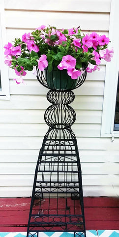 GORGEOUS VINTAGE-LOOK FANCY VERY TALL 48" BLACK METAL PLANTER / PLANT STAND - PERFECT FOR A PORCH, POOL AREA OR INDOOR ENTRY WAY