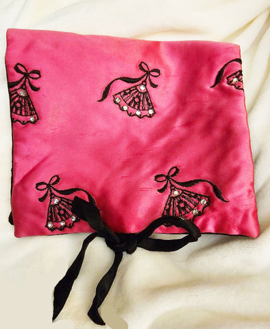 *  VINTAGE HOT PINK AND BLACK RHINESTONE JEWELRY POUCH, HOSIERY OR HANKY BAG ORGANIZER