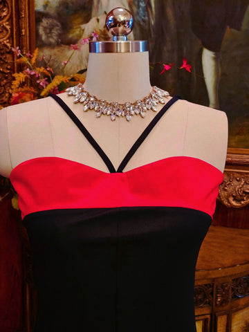 VINTAGE 1970s / 1980s BLACK & RED HALTER BIAS CUT EVENING GOWN BIAS CUT - GLAMOROUS PARTY DRESS