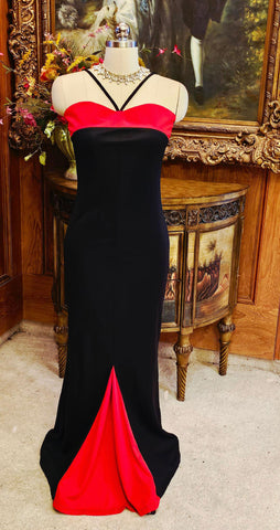 VINTAGE 1970s / 1980s BLACK & RED HALTER BIAS CUT EVENING GOWN BIAS CUT - GLAMOROUS PARTY DRESS