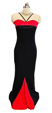 VINTAGE 1970s / 1980s BLACK & RED HALTER BIAS CUT EVENING GOWN BIAS CUT - GLAMOROUS PARTY DRESS