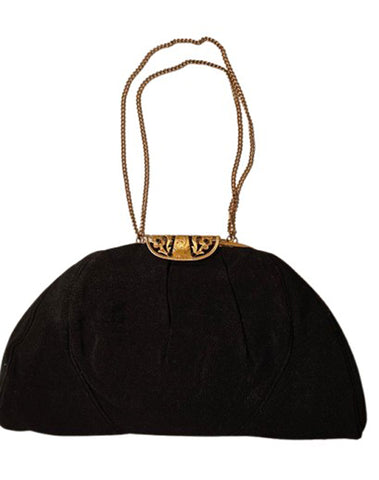 GRACELINE VINTAGE 1940s BLACK FAILLE EVENING BAG WITH ORNATE GOLD ART DECO FLORAL FRAME & BEADED DETAIL