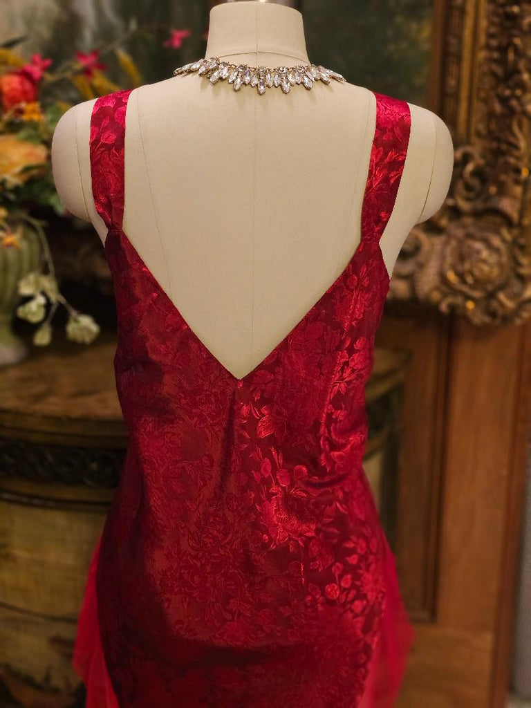 SOLANGE SATIN SCARLET JACQUARD TEDDY WITH BLACK LACE - EXTRA LARGE SIZE
