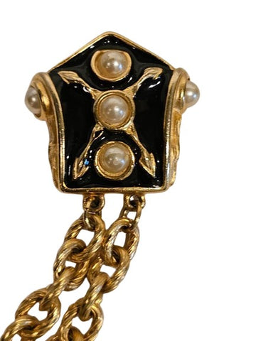 BLACK & GOLD CHATELAINE BROOCH / PIN WITH 2 DRAPED CHAINS AND PEARLS