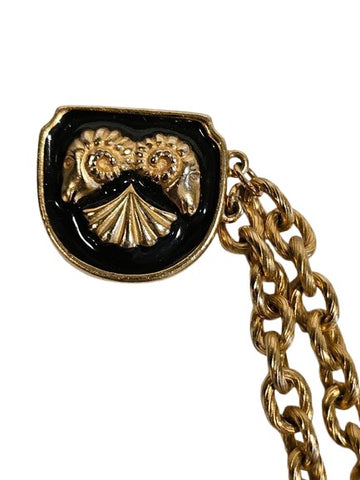 BLACK & GOLD CHATELAINE BROOCH / PIN WITH 2 DRAPED CHAINS AND PEARLS