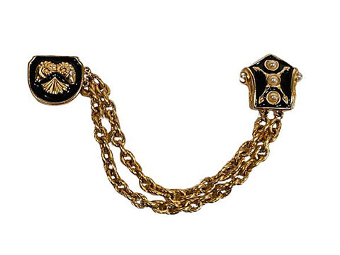 BLACK & GOLD CHATELAINE BROOCH / PIN WITH 2 DRAPED CHAINS AND PEARLS