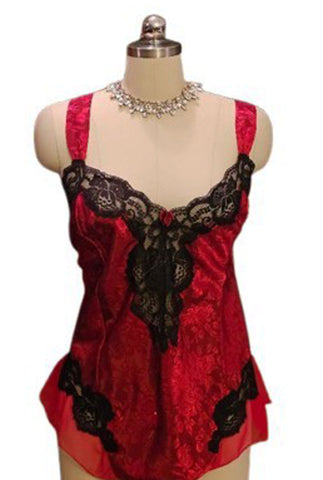 SOLANGE SATIN SCARLET JACQUARD TEDDY WITH BLACK LACE - EXTRA LARGE SIZE - - SOPHISTICATED INTIMATE LUXURY