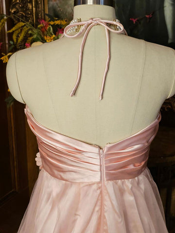 NEW OLD STOCK - GLAMOROUS BLONDIE NITES SATIN SEQUIN ARTIFICIAL FLOWERS PLEATED EVENING GOWN