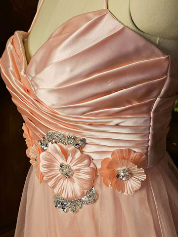 NEW OLD STOCK - GLAMOROUS BLONDIE NITES SATIN SEQUIN ARTIFICIAL FLOWERS PLEATED EVENING GOWN