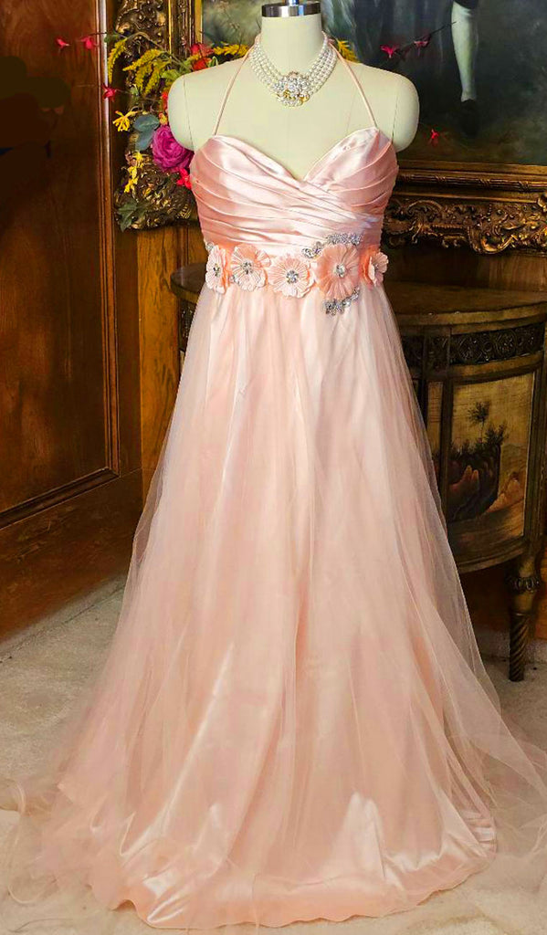 NEW OLD STOCK - GLAMOROUS BLONDIE NITES SATIN SEQUIN ARTIFICIAL FLOWERS PLEATED EVENING GOWN