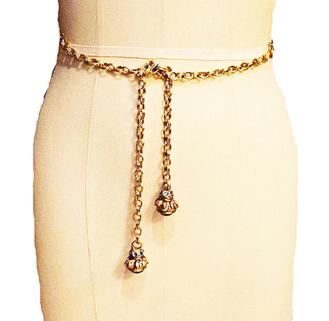 VINTAGE GOLD TONE METAL CHAIN BELT OR NECKLACE WITH ROYAL BLUE CABOCHONSAND SPARKLING RHINESTONES