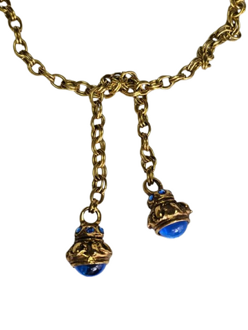 VINTAGE GOLD TONE METAL CHAIN BELT OR NECKLACE WITH ROYAL BLUE CABOCHONSAND SPARKLING RHINESTONES