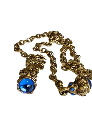 VINTAGE GOLD TONE METAL CHAIN BELT OR NECKLACE WITH ROYAL BLUE CABOCHONSAND SPARKLING RHINESTONES