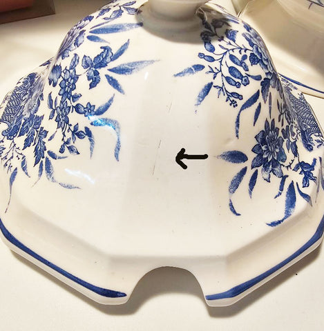 VINTAGE ELEGANT FRENCH COUNTRY BLUE TOILE 4-PIECE SOUP TUREEN, LID UNDER PLATE & LADLE - (4-PIECE SET)