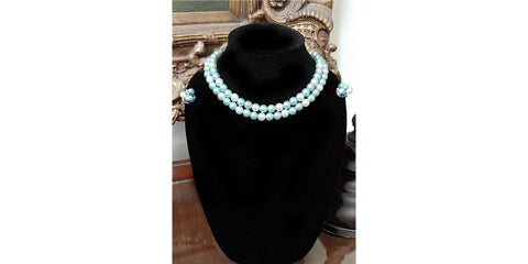 VINTAGE 50s 60s FAUX PEARL NECKLACE IN AQUA, BABY BLUE & WHITE MADE IN HONG KONG WITH BLUE PEARL CLIP EARRINGS JAPAN