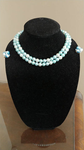 VINTAGE 50s 60s FAUX PEARL NECKLACE IN AQUA, BABY BLUE & WHITE MADE IN HONG KONG WITH BLUE PEARL CLIP EARRINGS JAPAN