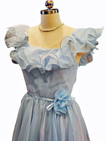 ETHEREAL 1950S BLUE ORGANZA EVENING GOWN WITH SATIN WAIST SASH AND HAND-CRAFTED ROSE DETAIL