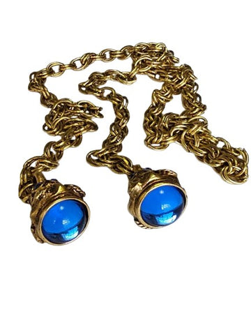 VINTAGE GOLD TONE METAL CHAIN BELT OR NECKLACE WITH ROYAL BLUE CABOCHONSAND SPARKLING RHINESTONES