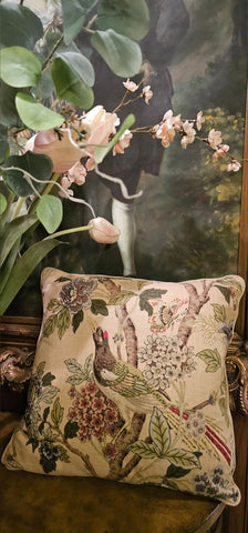 VINTAGE BIRDS & FLORAL LINEN PILLOWS (2) WITH SATIN CORD TRIM - TRADITIONAL LOOK PILLOWS - BEAUTIFUL!