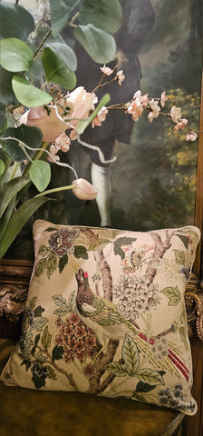 VINTAGE BIRDS & FLORAL LINEN PILLOWS (2) WITH SATIN CORD TRIM - TRADITIONAL LOOK PILLOWS - BEAUTIFUL!