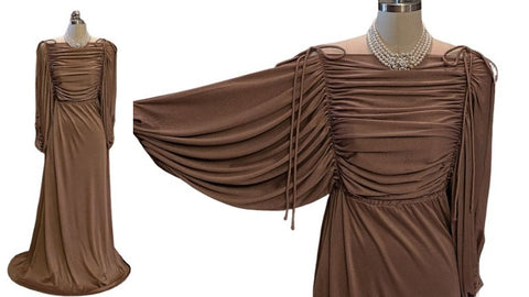 VINTAGE 1960s / 1970s SILKY FLUID DRAPED EVENING GOWN ADORNED WITH HUGE BILLOWING SLEEVES