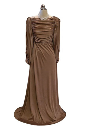 VINTAGE 1960s / 1970s SILKY FLUID DRAPED EVENING GOWN ADORNED WITH HUGE BILLOWING SLEEVES