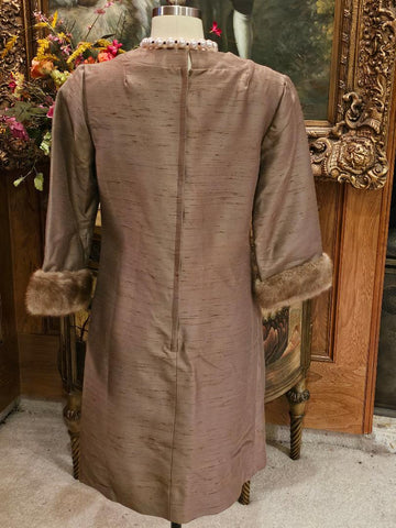 1960s SILK SHANTUNG DRESS WITH REAL MINK CUFFS - PRINCESS SEAMS SHEATH - VERY SOPHISTICATED