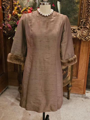 1960s SILK SHANTUNG DRESS WITH REAL MINK CUFFS - PRINCESS SEAMS SHEATH - VERY SOPHISTICATED