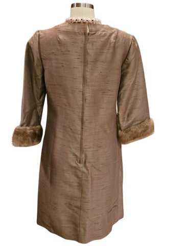 1960s SILK SHANTUNG DRESS WITH REAL MINK CUFFS - PRINCESS SEAMS SHEATH - VERY SOPHISTICATED