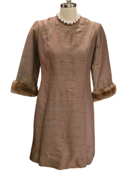 1960s SILK SHANTUNG DRESS WITH REAL MINK CUFFS - PRINCESS SEAMS SHEATH - VERY SOPHISTICATED