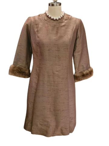1960s SILK SHANTUNG DRESS WITH REAL MINK CUFFS - PRINCESS SEAMS SHEATH - VERY SOPHISTICATED