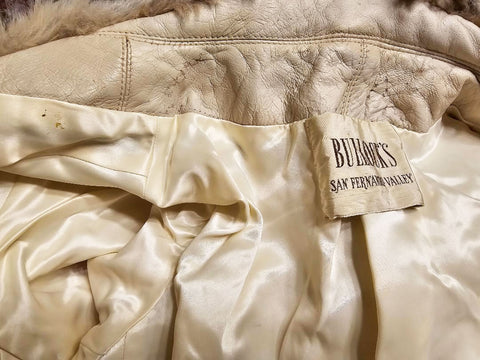 VINTAGE 1960s / 1970s BULLOCK'S SNOW QUEEN BEIGE LEATHER COAT WITH FUR COLLAR AND HEM